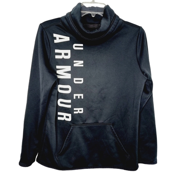 Under Armour Cowl Neck Sweatshirt Black White Sz M Loose Logo Pocket Thumb Hole - Picture 1 of 13